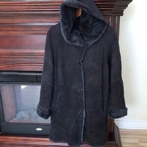 Women's Dark Blue Hooded Sheepskin Coat